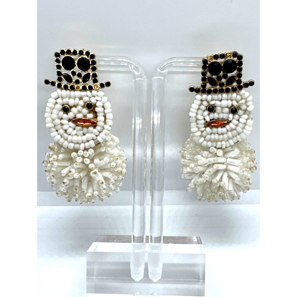 Torrid Beaded Snowman Statement Earrings Christmas Winter Dangle White Pom